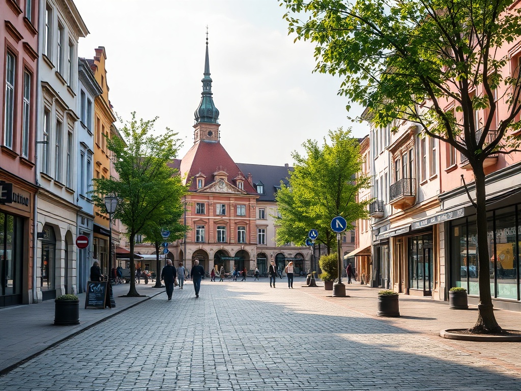 Mapa pokazująca infrastrukturę i usługi w Sieradzu, z naciskiem na kluczowe punkty